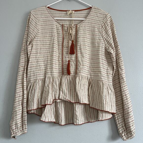 Hem & Thread Boho Peplum Ruffle Long Sleeve Pullover Top Sz L Beige Linen Cotton - Picture 1 of 11